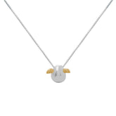 Fine jewellery, silver jewellery, hypoallergenic, tarnish-free, front view close-up of silver Necklace with a small  pendant with golden wings on a white background